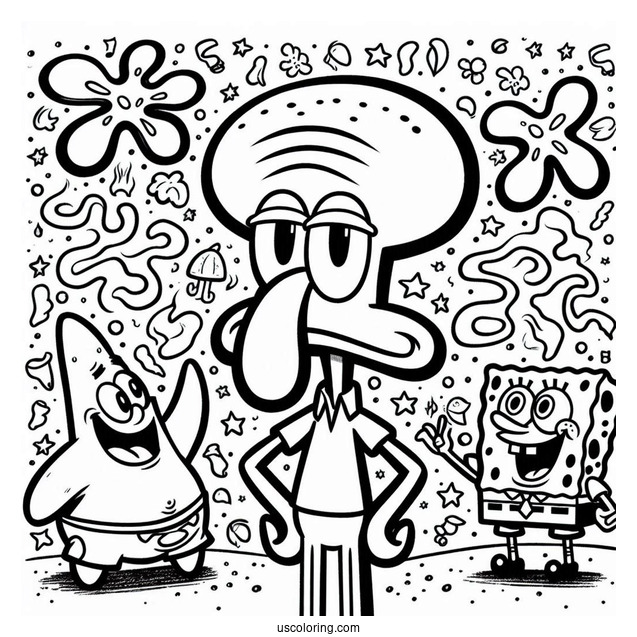 Detailed Squidward Coloring Page With SpongeBob And Patrick Star