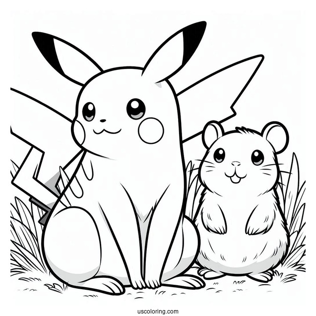 Pikachu Sitting On The Grass With A Capybara Coloring Page For Kids