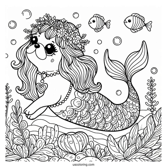 Mermaid Pug Coloring Page Under the Sea