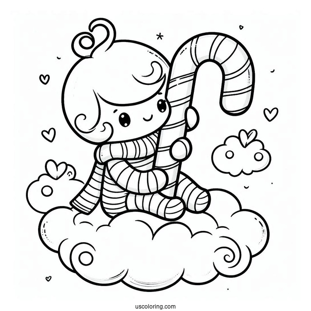 Adorable Candy Cane Coloring Page Sitting On A Cloud