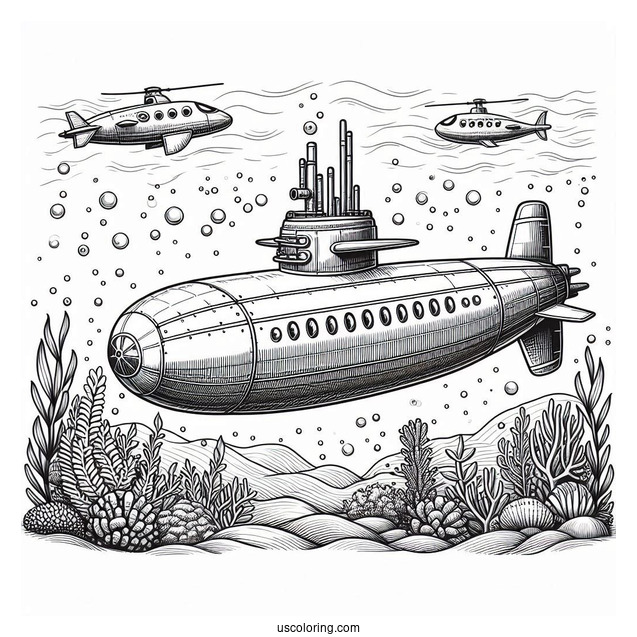 Submarine Coloring Page Of Realistic Submersible Under The Ocean