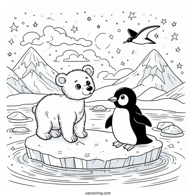 Young Bear And Penguin Floating On An Ice In The North Pole Coloring Page