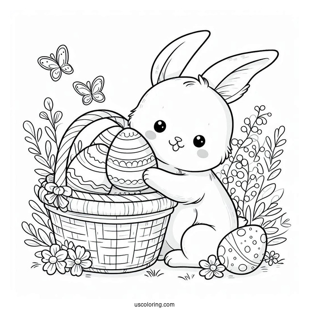 Cartoon Rabbit Coloring Page Hugging A Basket Of Easter Eggs