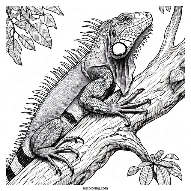 Lizard Coloring Page of Iguana With Head Up On Tree Branch