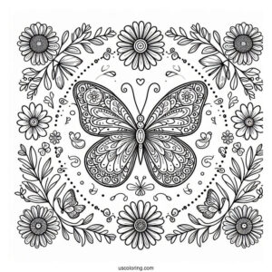 Elegant Butterfly Coloring Page Mandala Surrounded By Flowers
