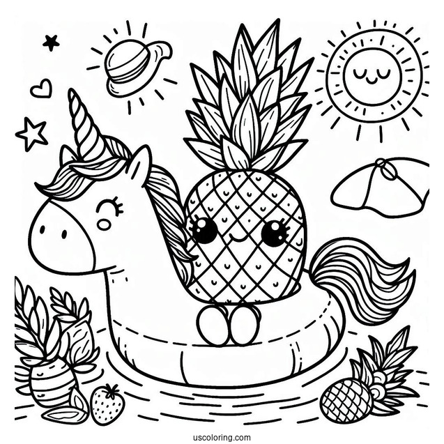 Summer Coloring Page Of Cheerful Pineapple On A Unicorn Floatie