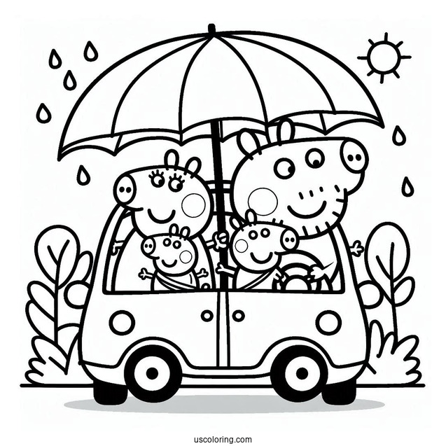Peppa Pig Family Driving In Car Coloring Page