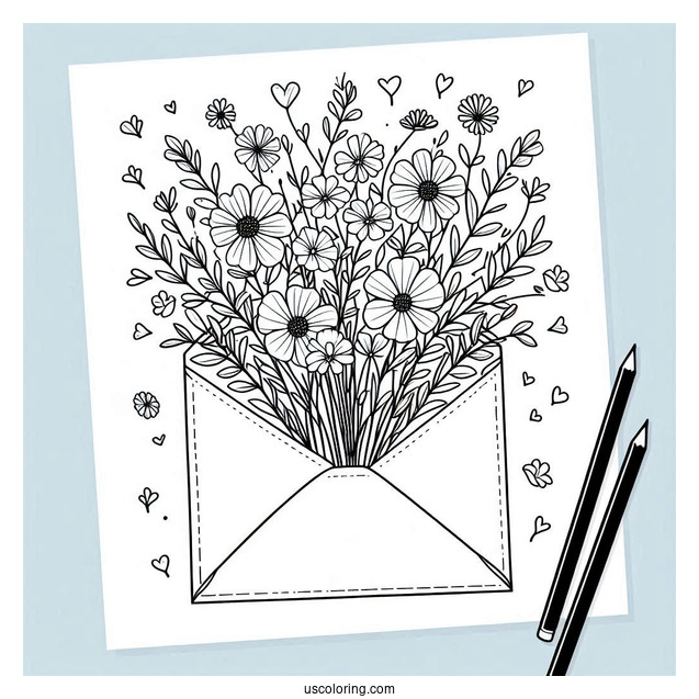 Wildflowers Bursting From An Envelope In Spring Coloring Sheet For Kids