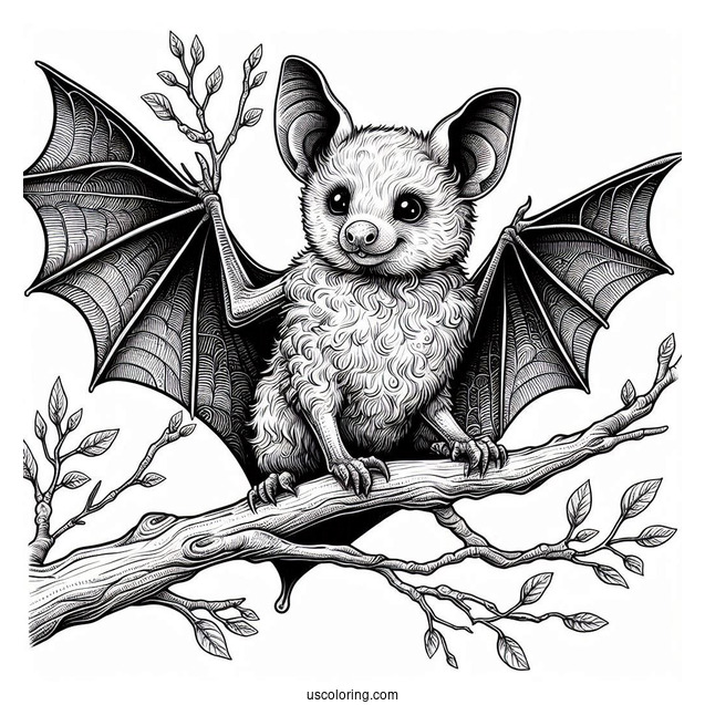 Realistic Bat Coloring Page Perched On Tree