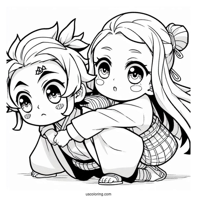 Chibi Tanjiro Coloring Page Carrying Nezuko On His Back For Preschoolers