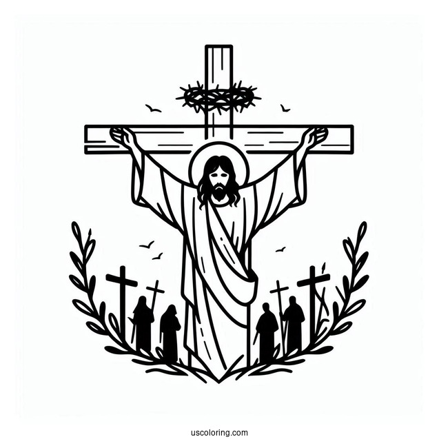 Simple Outline Of Jesus With Calvary Crosses Coloring