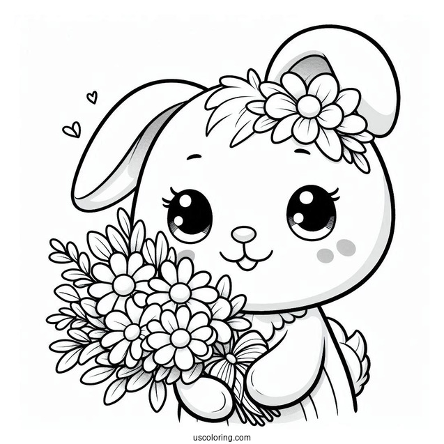 Happy Easter Bunny Coloring Page Holding Flower Bouquet For Kids