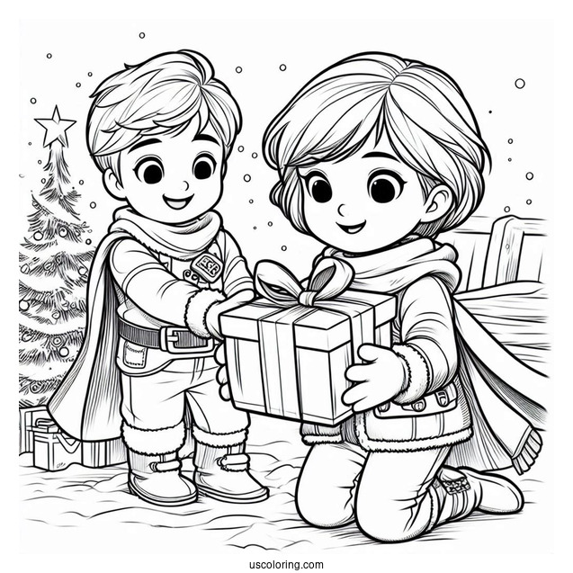 Polar Express Coloring Page Of Hero Boy And Sister Opening A Present
