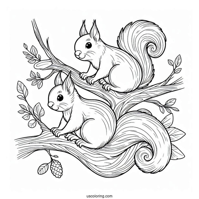 Easy Outline Of Two Squirrels Coloring Page On Tree Branch