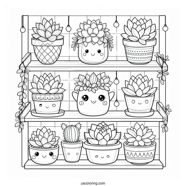Shelves Full Of Cute Succulent Coloring Page