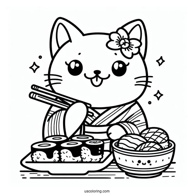 Happy Cat In A Yukata Eating Sushi Coloring Page For Kids