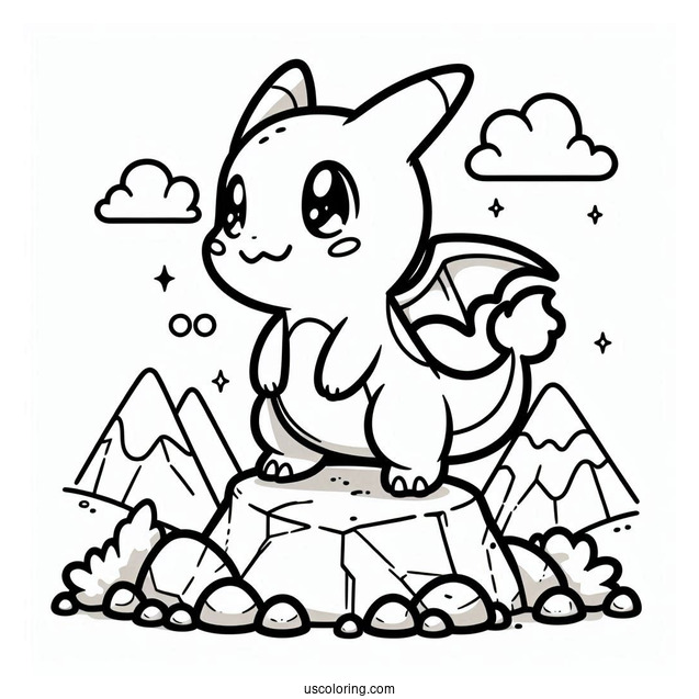 Kawaii Charizard Standing On A Rock Coloring Sheet