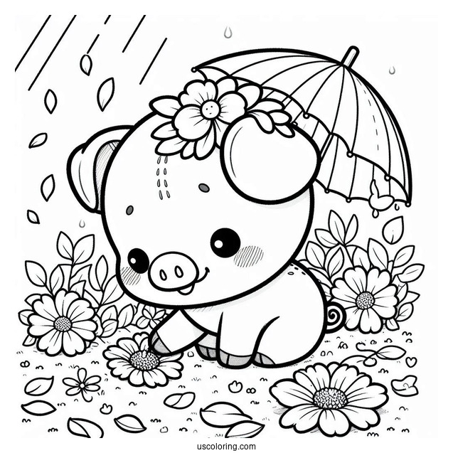 Kawaii Piglet Coloring Page Picking Petals For Preschoolers