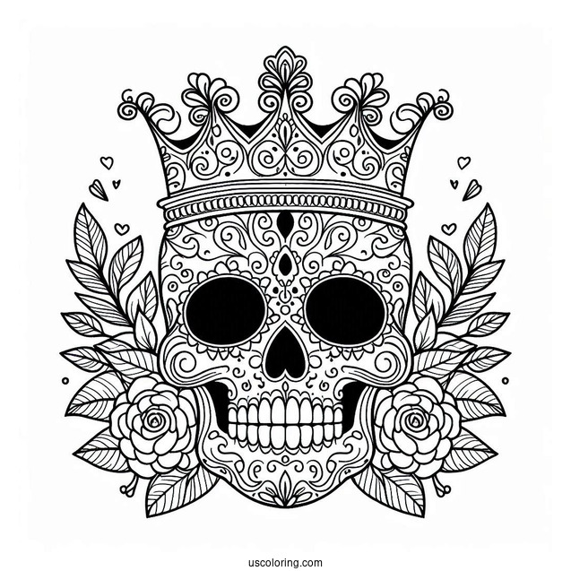 Majestic Sugar Skulls Coloring Page Wearing Crown