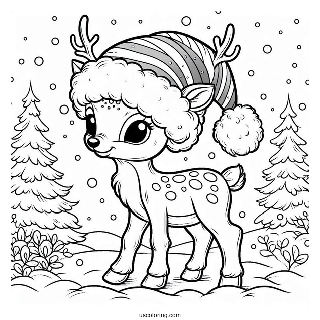 Rudolph Coloring Page Wearing A Santa Hat While Walking In The Snow