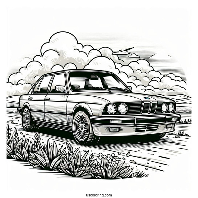 BMW Coloring Page Series 3 Berline With Cloudy Background
