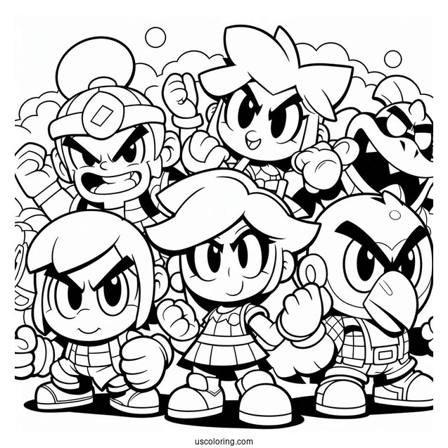 Brawl Stars Coloring Page Of Shelly, Spike, Pam, Piper, Rico, And Crow In A Brawl
