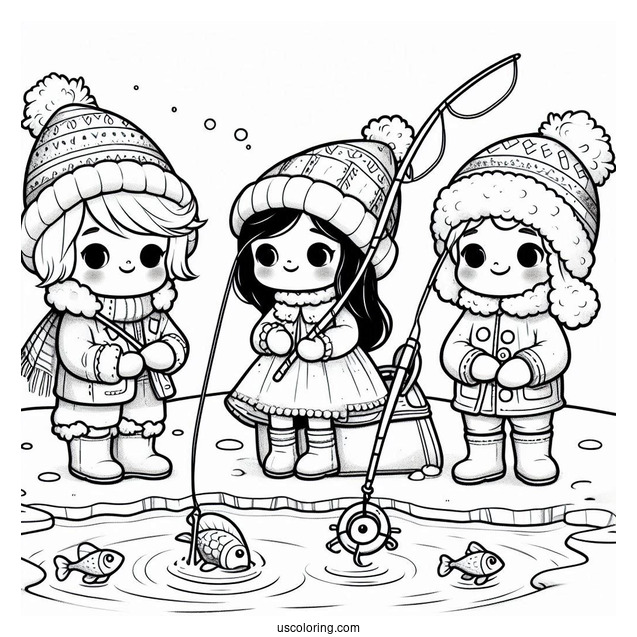 Children Ice Fishing In The North Pole Coloring Page For Kids