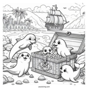 Palace Pets Coloring Page Of Treasure At The Beach With Dolphin And Seals For Kids