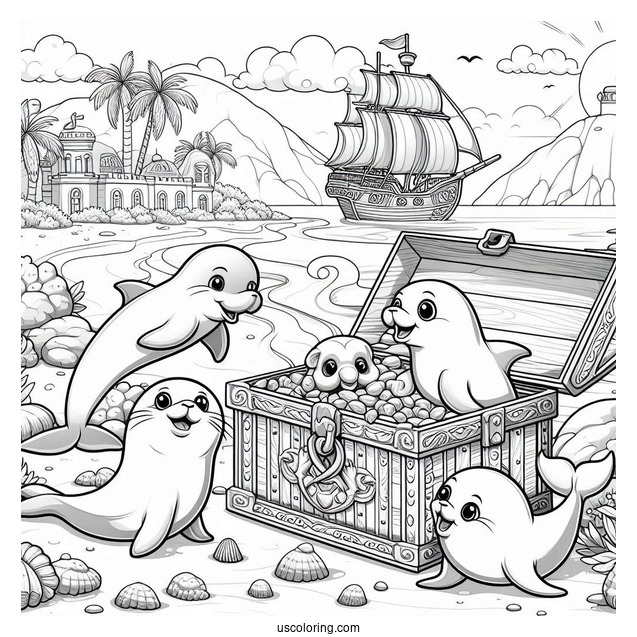 Palace Pets Coloring Page Of Treasure At The Beach With Dolphin And Seals For Kids