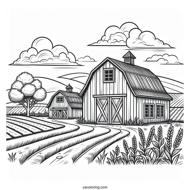 Easy To Color Barn With Fields To Color