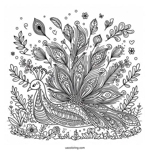 Peacock Coloring Page with Decorative Feathers In Woodland Meadow