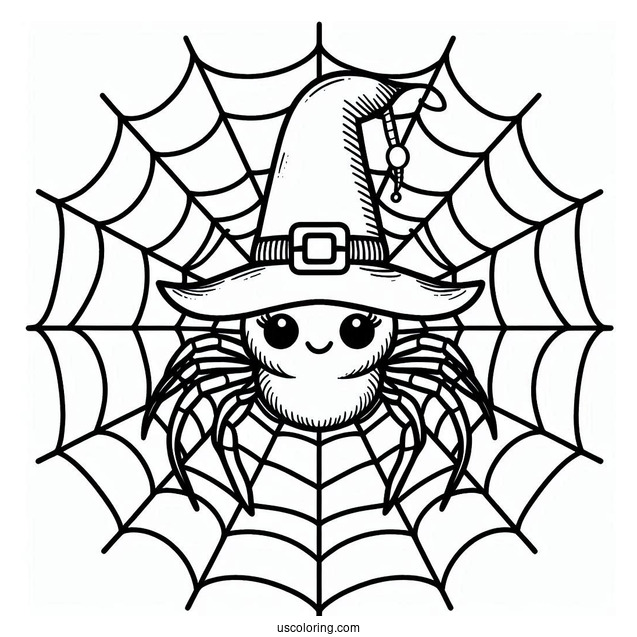 Outline Of Spider On Web Wearing Witches Hat
