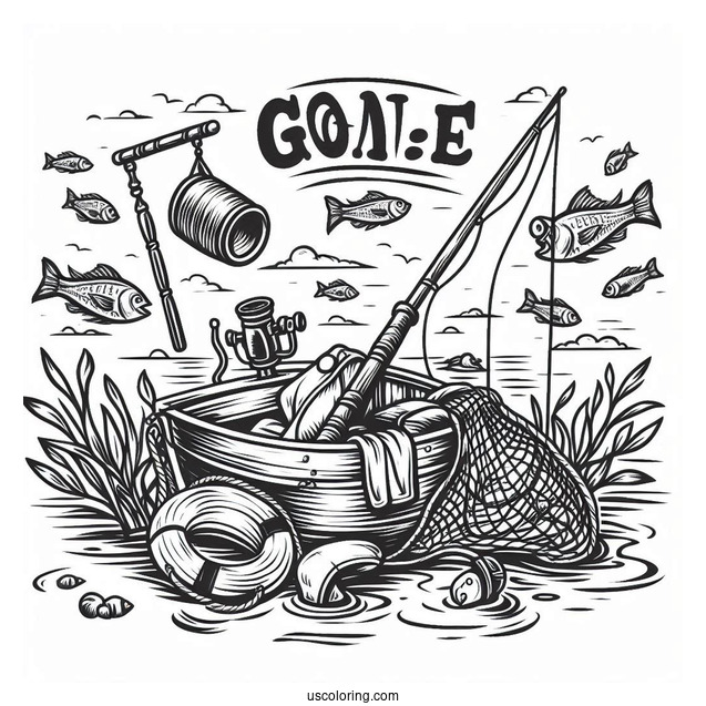 Gone Fishing Coloring Page With Bait, Rods, Nets, And Boat