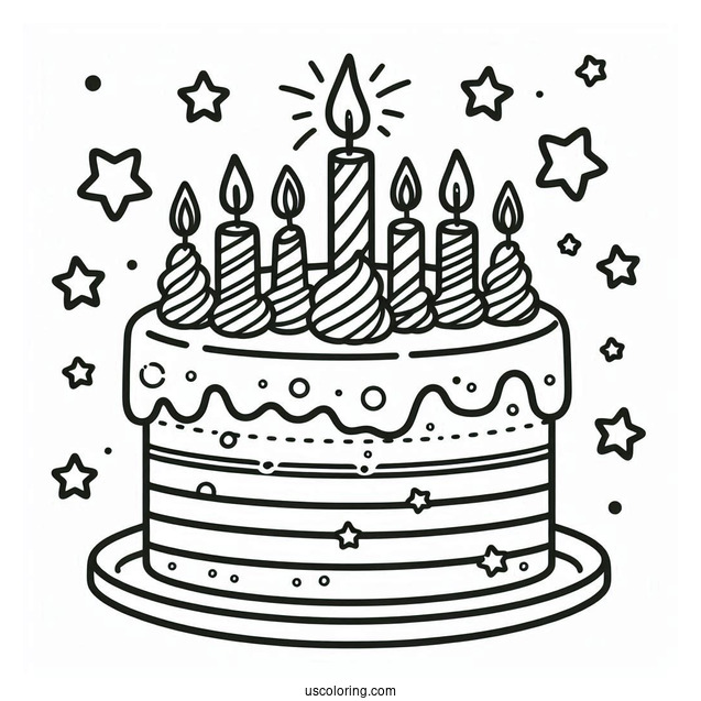 Simple Cake With Star Toppers And Candle Coloring Page