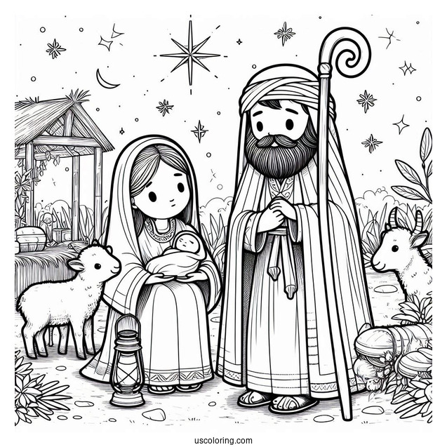 Adorable Nativity Coloring Page With A Shepherd And A Wise Man