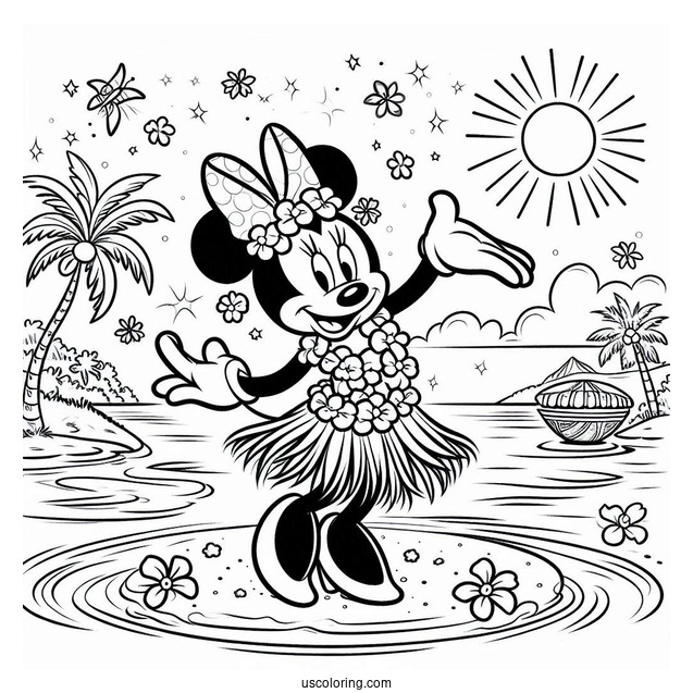 Beach Coloring Page Of Minnie Mouse Dancing The Hula