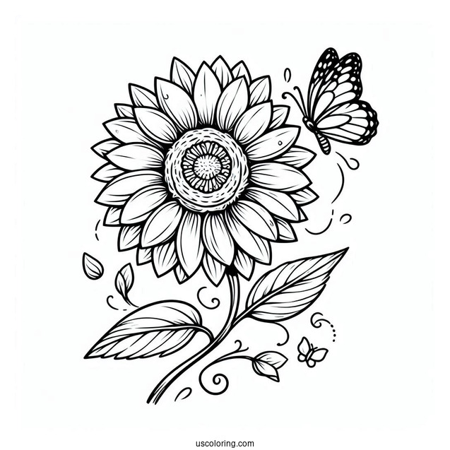 Sunflower With Butterfly Coloring Page