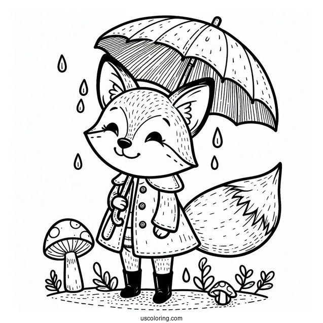 Fox Coloring Page In A Raincoat With Umbrella Standing On A Mushroom