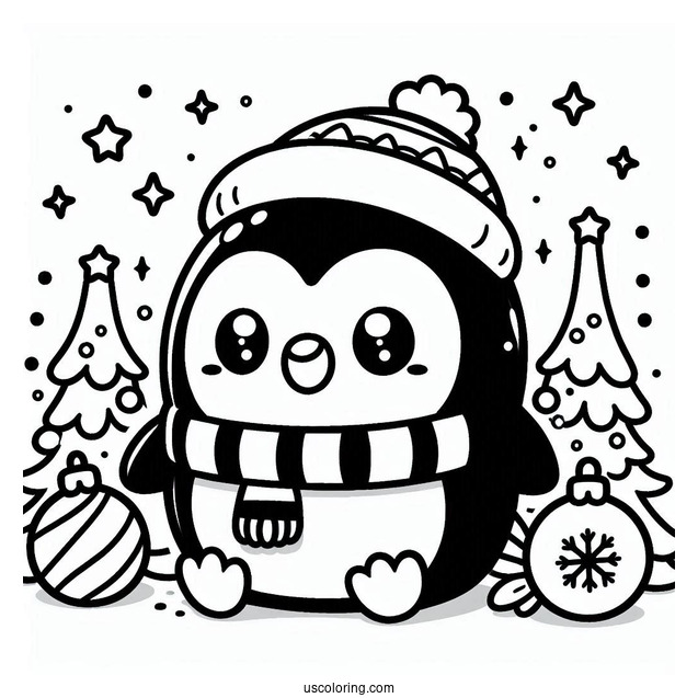 Kawaii Penguin Christmas Coloring Page