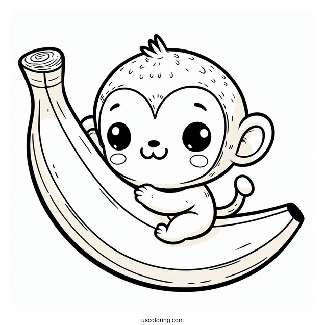 Cute Monkey Hugging A Large Banana Coloring Page