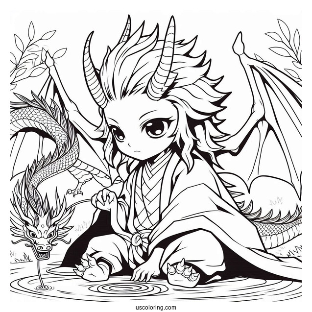 Tanjiro Coloring Page With The Dragon Of Change