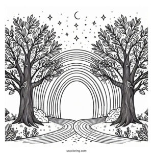 Rainbow Coloring Page Between Two Large Trees