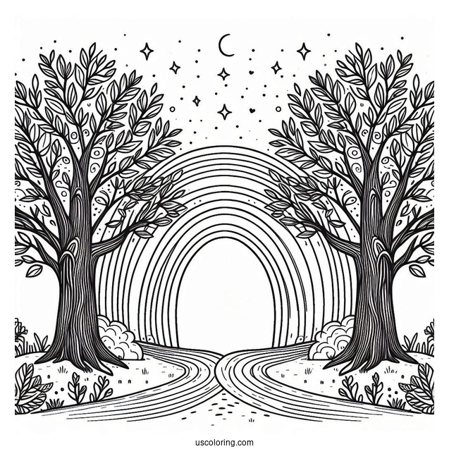 Rainbow Coloring Page Between Two Large Trees