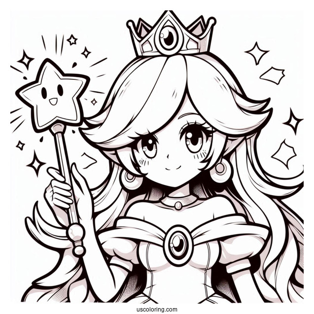 Anime Rosalina Coloring Page Holding Up Star Wand