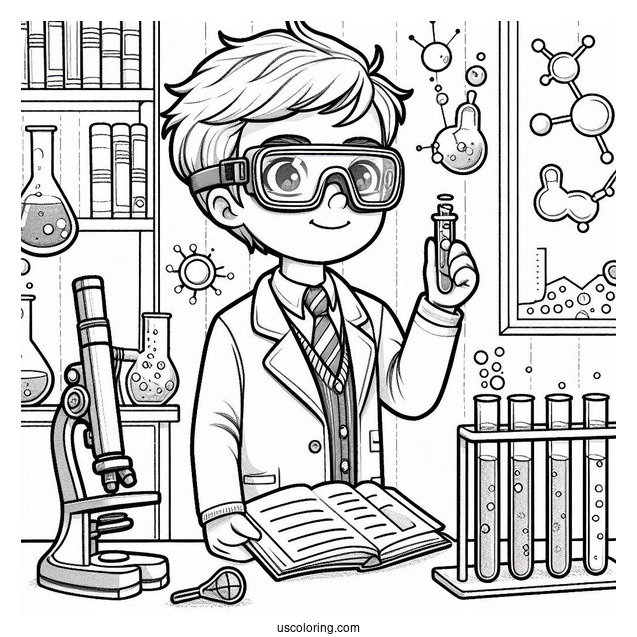 Science Coloring Page Of Boy In Goggles And Lab Coat In A Science Laboratory