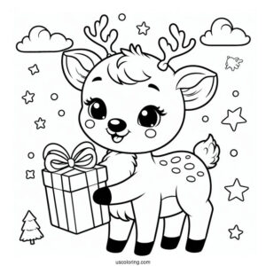Happy Reindeer Holding a Christmas Gift To Color