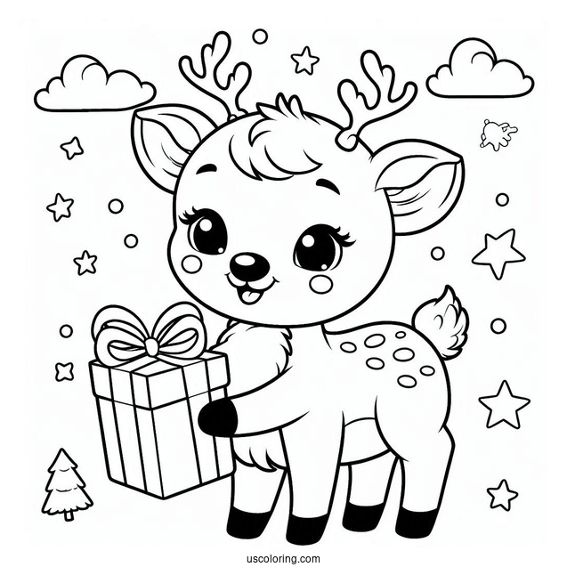 Happy Reindeer Holding a Christmas Gift To Color