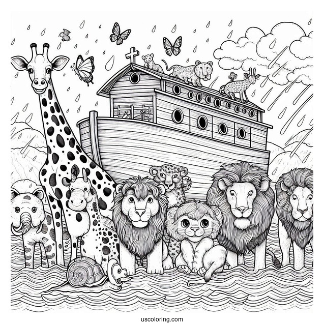 Noah's Ark Coloring Page Of Detailed Giraffe, Hippo, Snake, Lion, And Other Animals At Sea