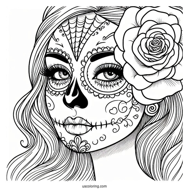 Woman With Sugar Skulls Coloring Page Face Paint And Rose Tucked Behind Her Ear