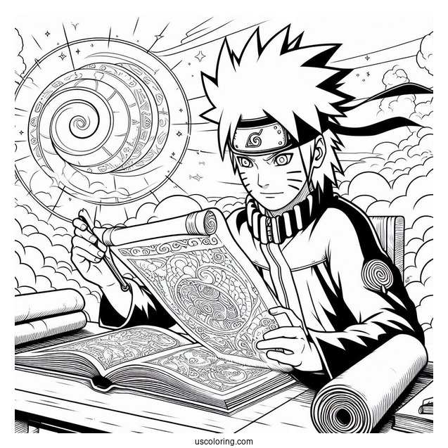 Detailed Naruto Coloring Page Studying Scroll